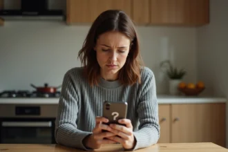 Femme regardant un numéro de téléphone inconnu sur son smartphone avec une expression perplexe