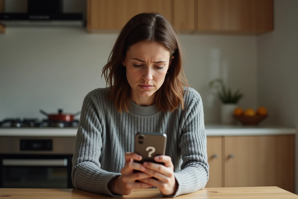Femme regardant un numéro de téléphone inconnu sur son smartphone avec une expression perplexe