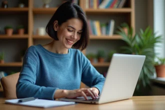 Femme concentrée utilisant un ordinateur portable dans un intérieur cosy