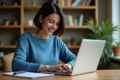 Femme concentrée utilisant un ordinateur portable dans un intérieur cosy