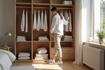 Femme organisée dans son dressing lumineux et moderne