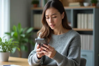 Femme consultant les paramètres de son smartphone pour bloquer ou autoriser l'indicatif +44 d'un appel entrant
