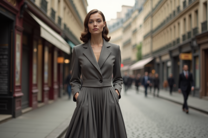 Femme élégante en tenue 1946 dans une rue parisienne