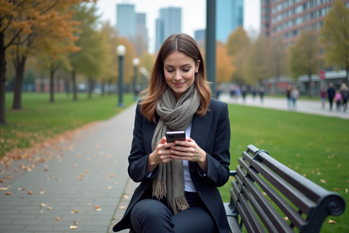Femme utilisant son smartphone pour gérer un VPN en plein air