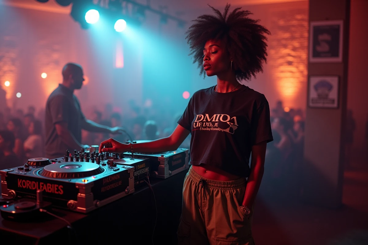 Femme afro-française profitant de la musique près du stand du DJ dans un club électro parisien sans dress code