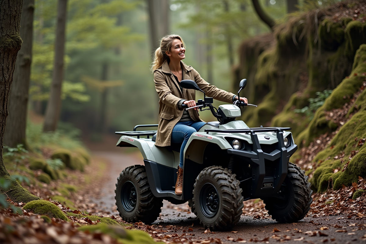 Femme souriante sur un quad dans la forêt