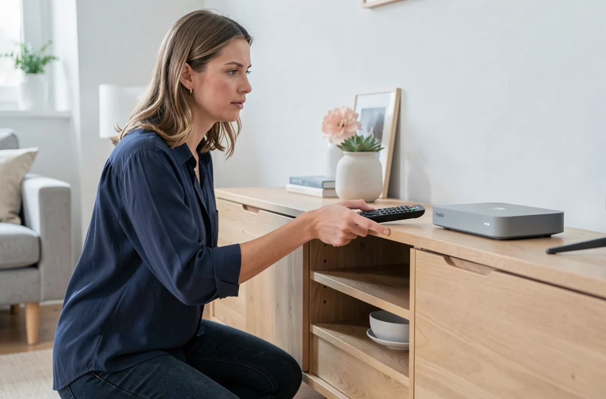 Femme pointant une télécommande Freebox vers le décodeur Freebox Player pour tenter de le réappairer dans un salon épuré