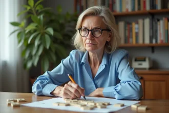 Femme d'âge moyen en blouse bleue réfléchissant à un jeu de lettres