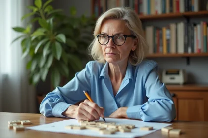 Femme d'âge moyen en blouse bleue réfléchissant à un jeu de lettres