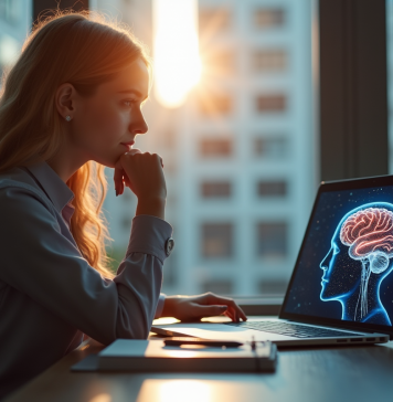 L’éthique de l’intelligence artificielle face aux grands défis moraux Jeune femme réfléchissant à l'éthique de l'IA devant un ordinateur