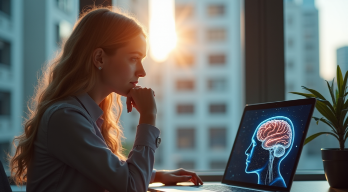 Jeune femme réfléchissant à l'éthique de l'IA devant un ordinateur