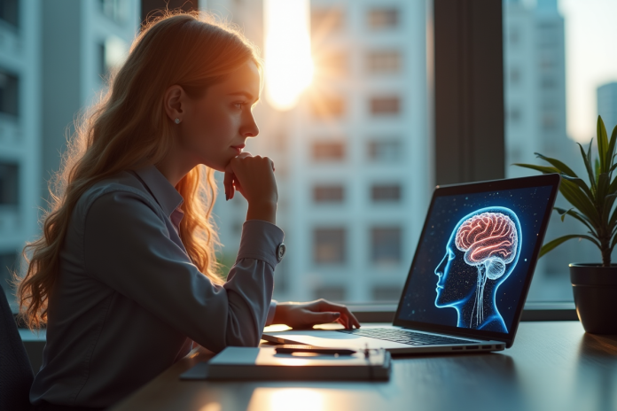 femme-reflechie-ia-bureau Jeune femme réfléchissant à l'éthique de l'IA devant un ordinateur