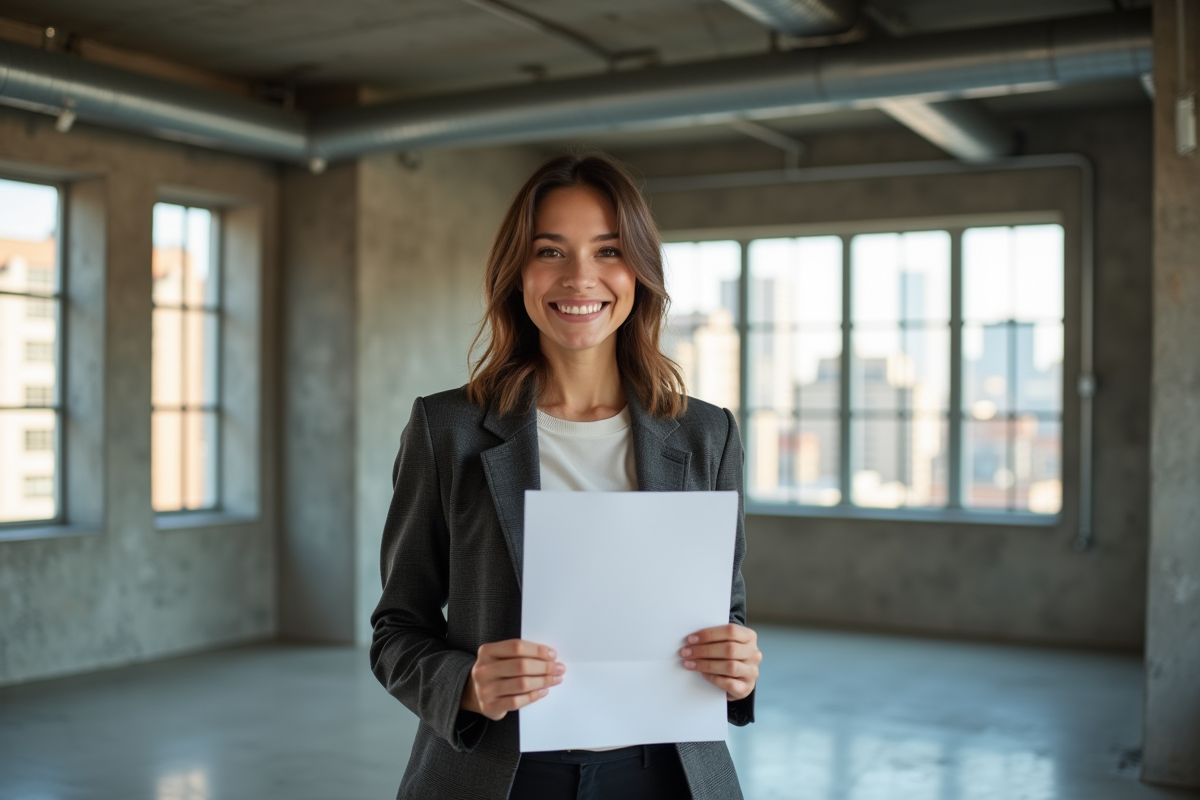 Jeune femme dans un loft rénové tenant des documents