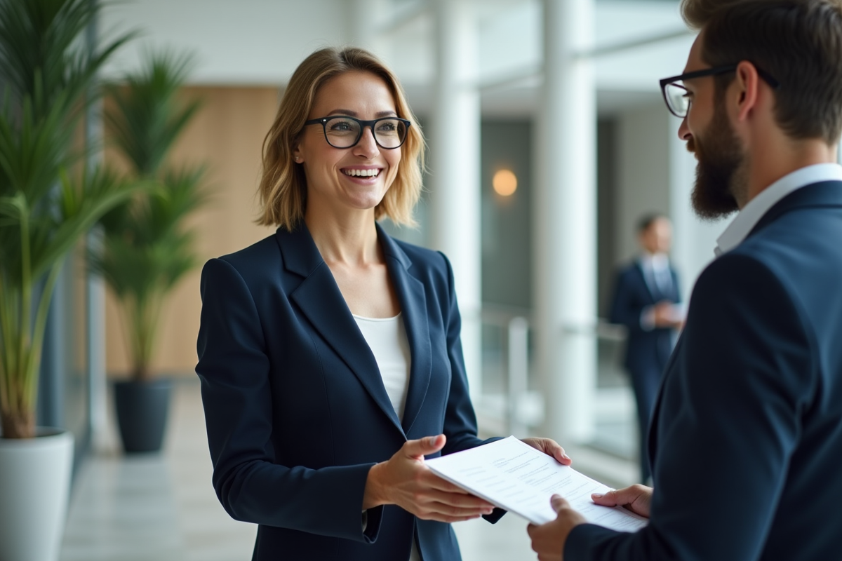 Femme RH souriante remettant un document a un collegue