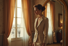 Femme élégante en tailleur années 40 dans un appartement parisien
