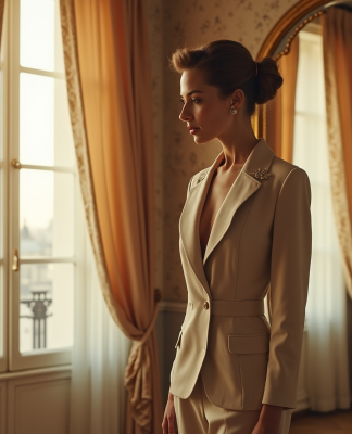 Femme élégante en tailleur années 40 dans un appartement parisien