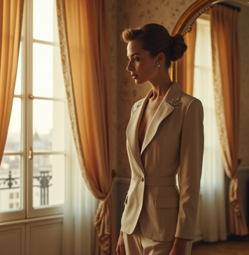 Adopter le style 1940 avec élégance grâce à ces astuces rétro Femme élégante en tailleur années 40 dans un appartement parisien
