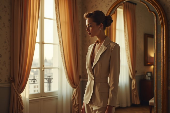 femme-retro-paris Femme élégante en tailleur années 40 dans un appartement parisien