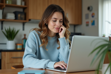 Jeune femme consulte des politiques de confidentialité sur son ordinateur