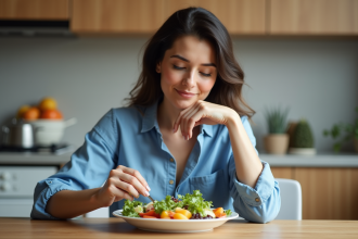 Femme en blouse bleue dégustant une salade colorée à la maison