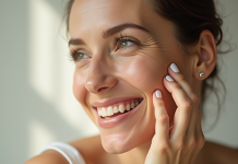 Femme souriante appliquant un serum vitamine B12 sur la peau