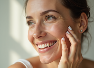 Femme souriante appliquant un serum vitamine B12 sur la peau