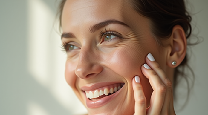 Femme souriante appliquant un serum vitamine B12 sur la peau