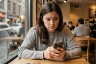 Femme seule dans un café regardant son téléphone avec une expression de manque et d'attente, illustrant l'amour non réciproque