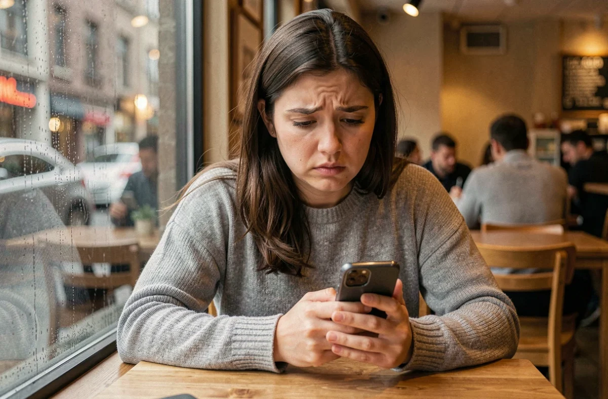 Femme seule dans un café regardant son téléphone avec une expression de manque et d'attente, illustrant l'amour non réciproque