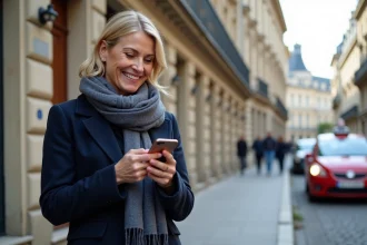 Femme souriante en manteau à Bordeaux vérifiant une application taxi