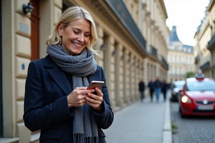 Femme souriante en manteau à Bordeaux vérifiant une application taxi