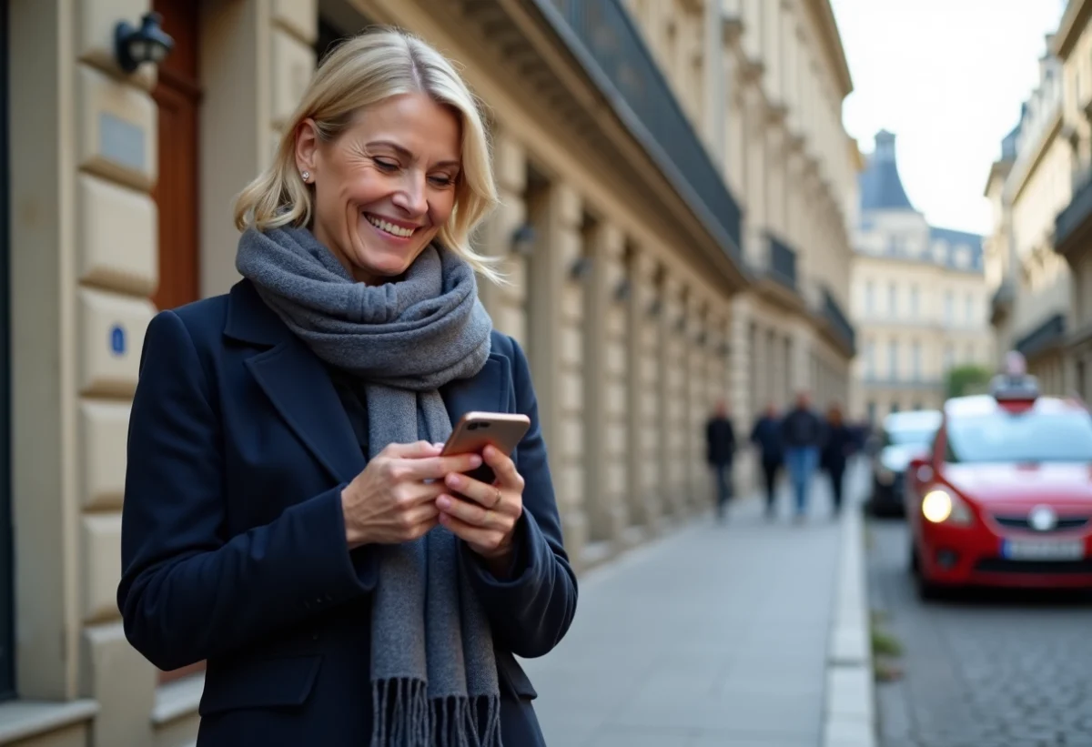 Femme souriante en manteau à Bordeaux vérifiant une application taxi