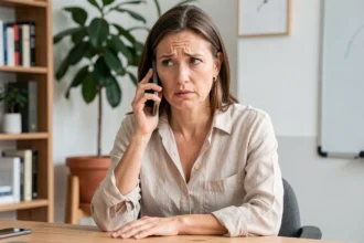 Femme tenant un smartphone hésitante avant d'appeler un numéro avec l'indicatif de l'océan Indien 262 ou 261