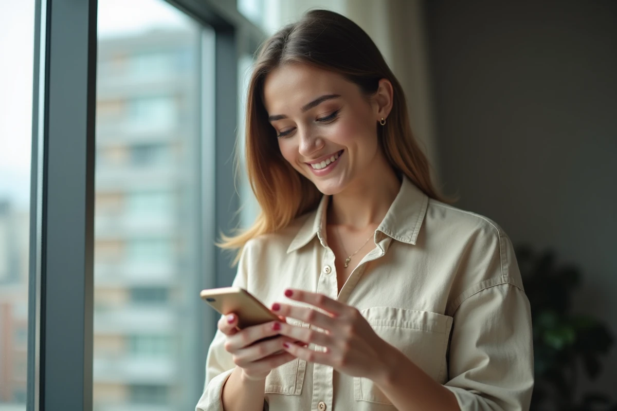 Femme tenant un smartphone et consultant une offre prépayée Lycamobile sans abonnement