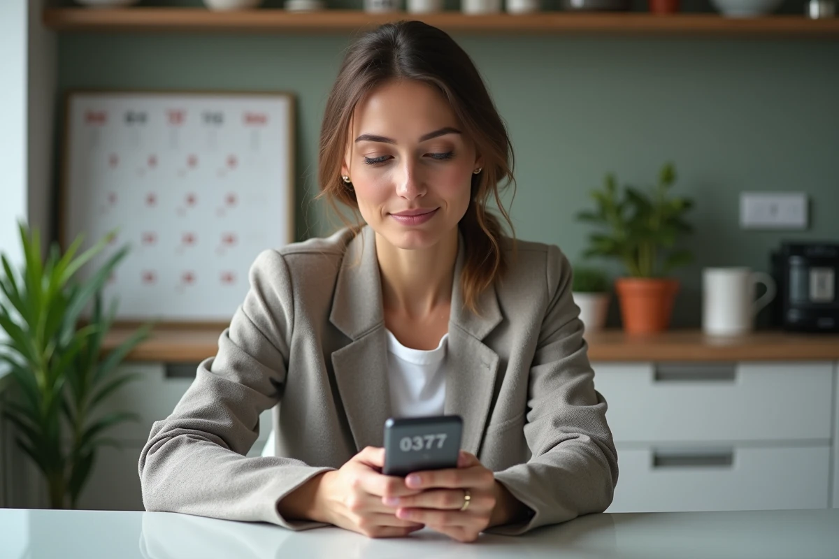 Femme en intérieur regardant son smartphone dans une cuisine moderne
