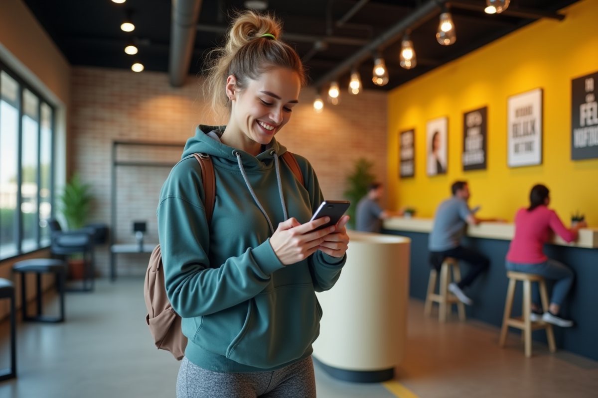Femme souriante dans une salle de sport urbaine