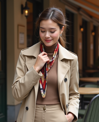 Femme élégante en trench beige ajustant son foulard