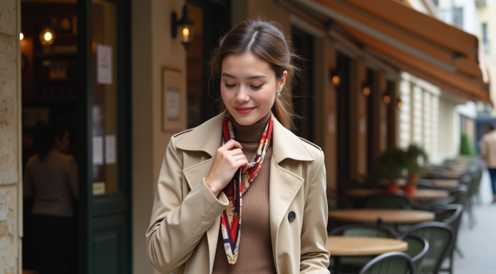 Femme élégante en trench beige ajustant son foulard