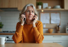 Femme d'âge moyen au téléphone dans la cuisine