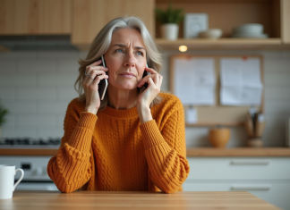 Femme d'âge moyen au téléphone dans la cuisine