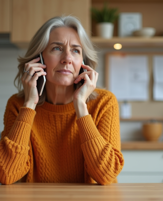 Femme d'âge moyen au téléphone dans la cuisine