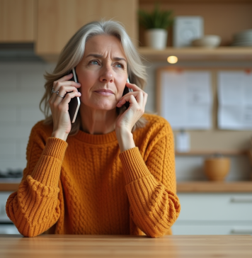 Femme d'âge moyen au téléphone dans la cuisine