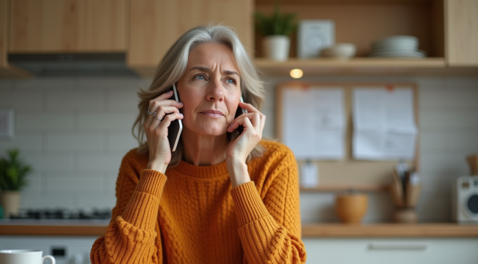 Femme d'âge moyen au téléphone dans la cuisine