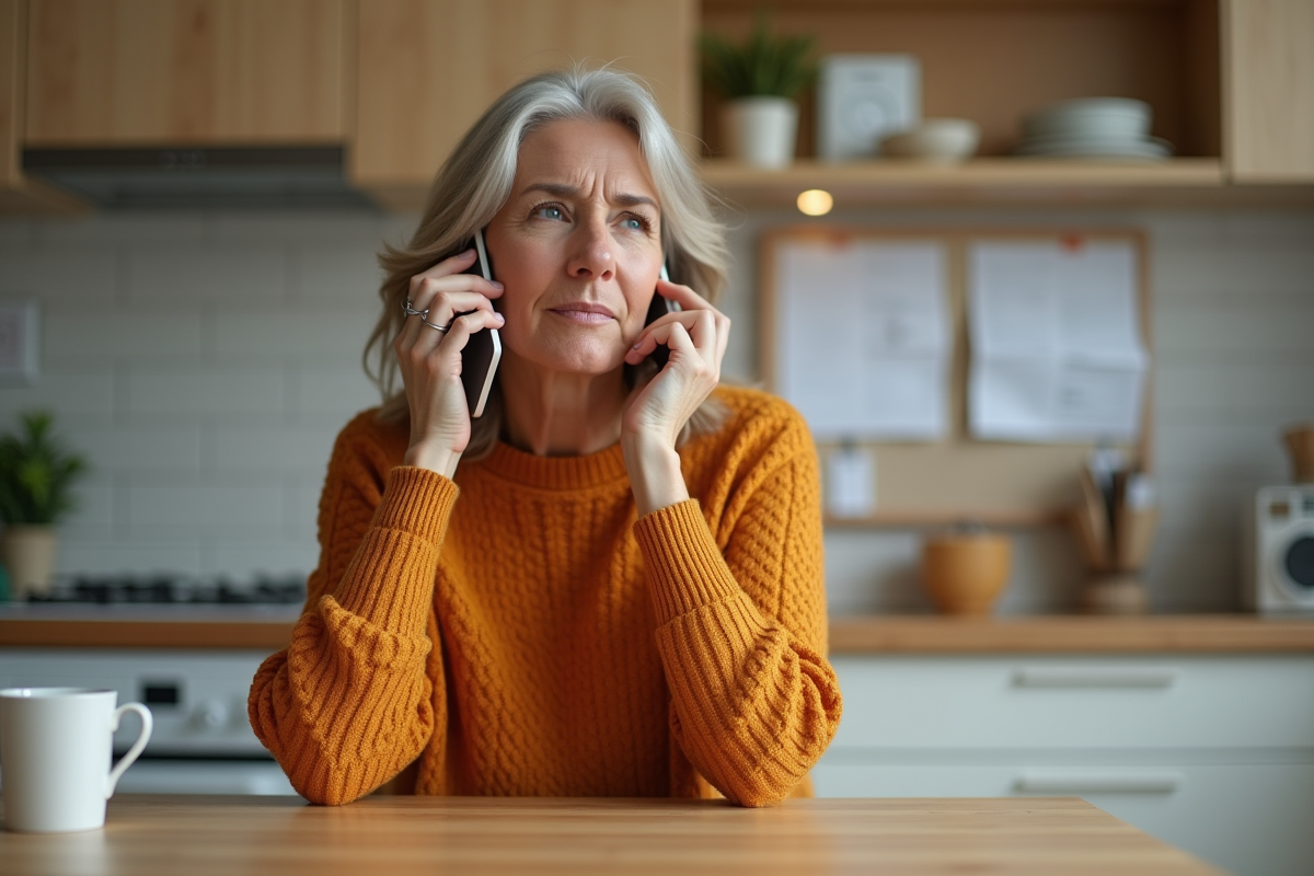 Femme d'âge moyen au téléphone dans la cuisine