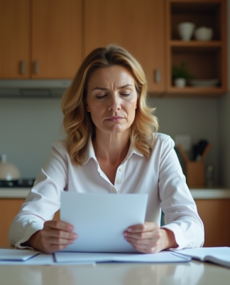 Femme d'âge moyen pensant à la maison avec documents