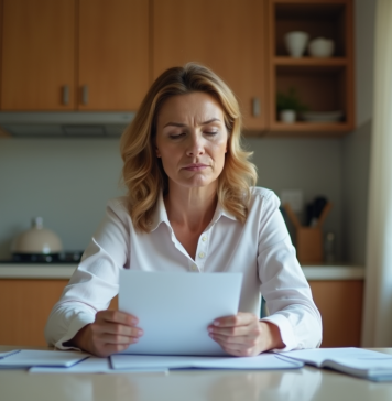 Femme d'âge moyen pensant à la maison avec documents