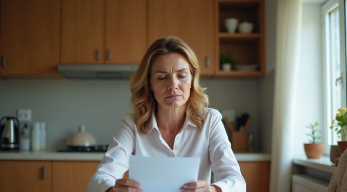 Femme d'âge moyen pensant à la maison avec documents