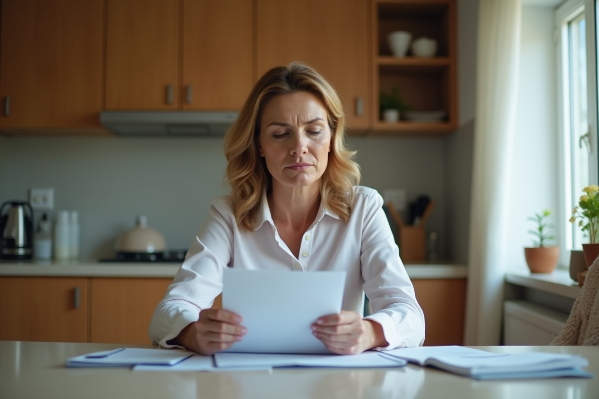 Femme d'âge moyen pensant à la maison avec documents