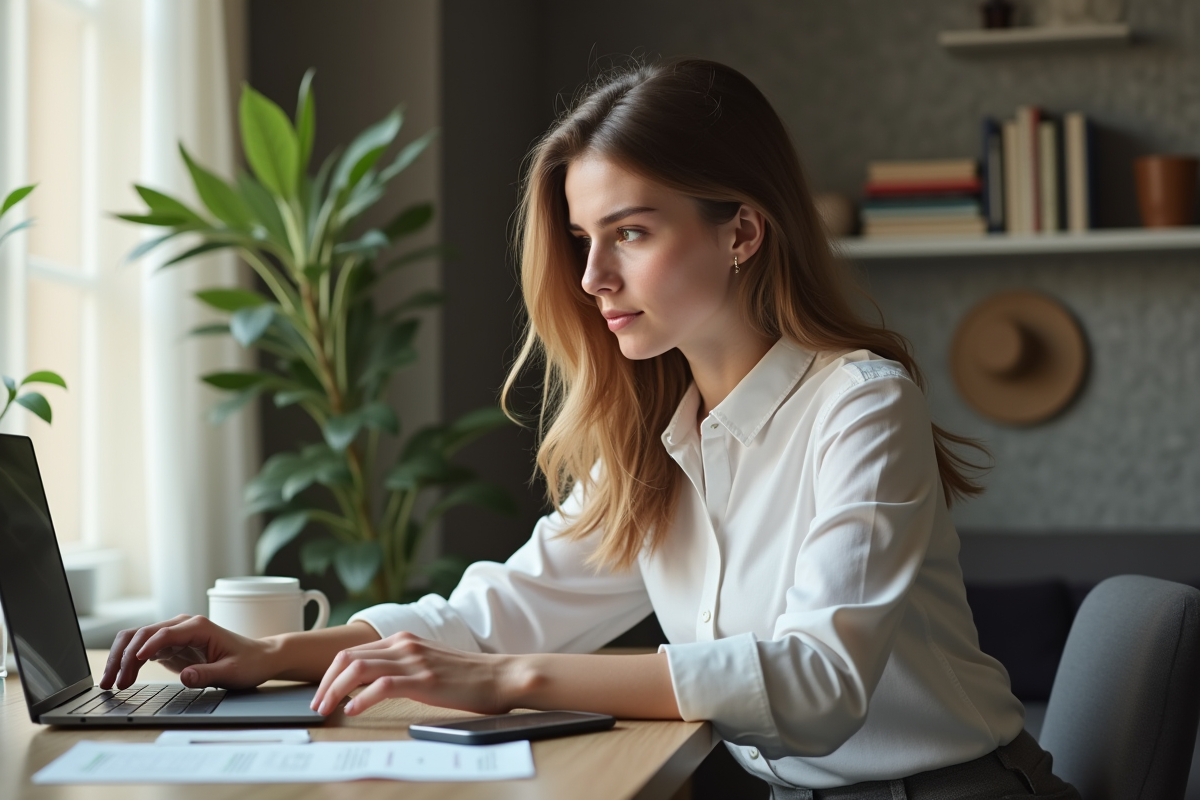 Jeune femme travaillant sur son ordinateur dans un bureau à domicile lumineux