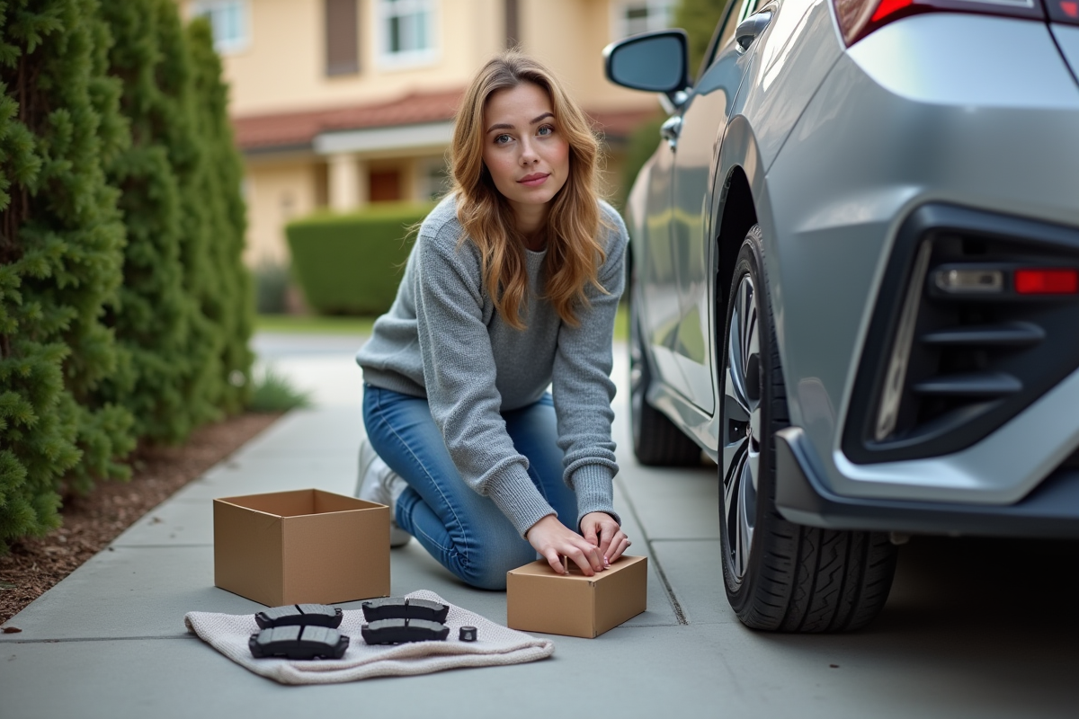 Jeune femme déballant des plaquettes de frein devant sa voiture